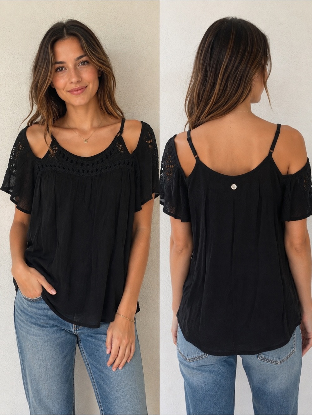 Rip Curl Black Cold-Shoulder Crochet Detail Blouse Top Fully Lined